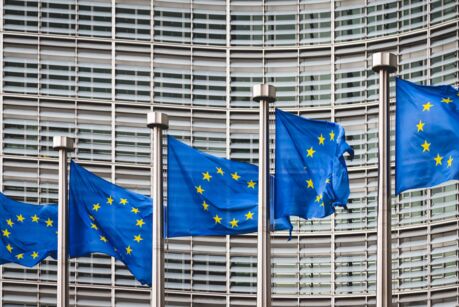 EU flags in front of the EU Commission building, Brussels, Belgium