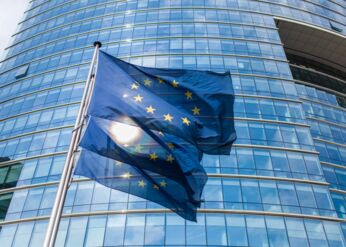 European Union flags in front of the fovernmental building in Brussels, Belgium